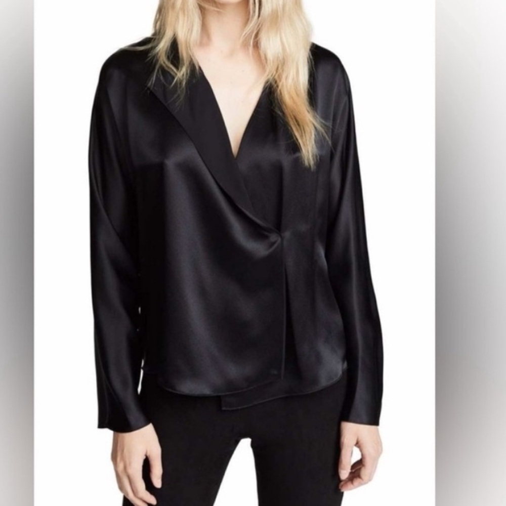 Vince Black Silk Wrap V-Neck Long Sleeve Top Blouse [Small]
